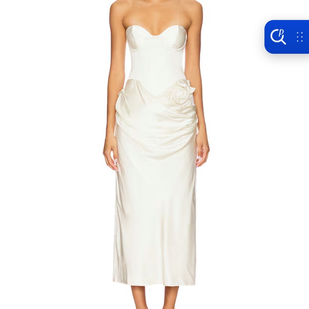 LPA Strapless Cream Satin Midi Dress with Draped Rose Detail